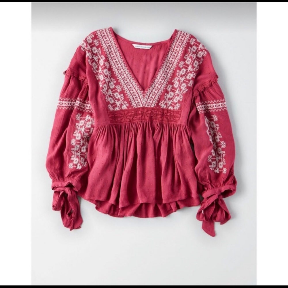 Long sleeve red v neck boho embroidered top